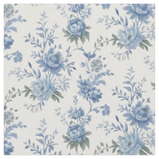 Elegant Floral Chinoiserie Blue Toile Pattern  Fabric (Close Up)