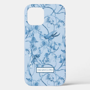 Elegant Floral Chinoiserie Dusty Blue White Birds iPhone 12 Case