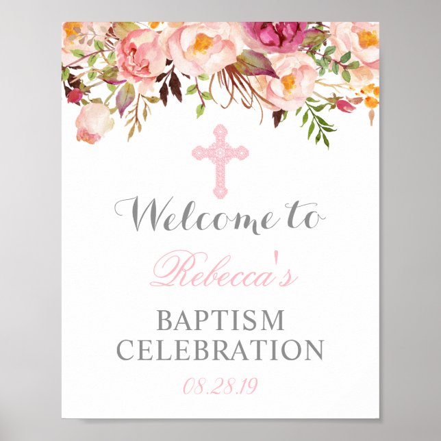 Elegant Floral Christening Baptism Welcome Sign (Front)
