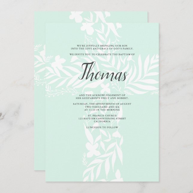 Elegant floral christian cross mint green baptism invitation (Front/Back)