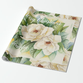 Elegant Floral Christmas Magnolia White Name  Wrapping Paper