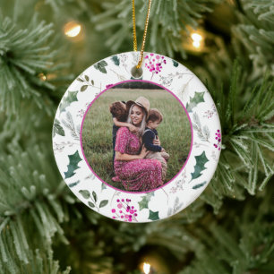 Elegant Floral Christmas Photo  Ceramic Tree Decoration