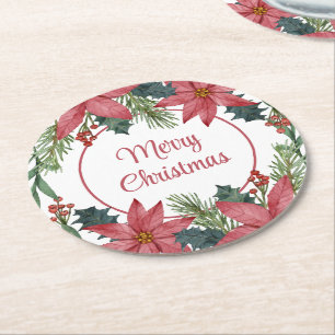Elegant Floral Christmas Wedding Red Poinsettia  Round Paper Coaster
