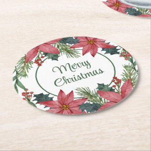 Elegant Floral Christmas Wedding Red Poinsettia  Round Paper Coaster