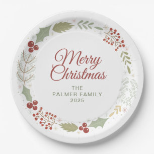 Elegant Floral Christmas Wreath Family Custom Name Paper Plate