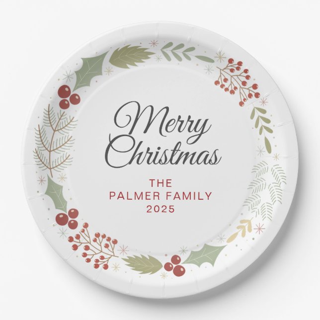 Elegant Floral Christmas Wreath Family Custom Name Paper Plate (Front)