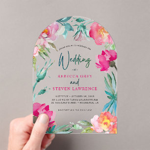 Elegant floral colourful bright wedding arched acrylic invitations