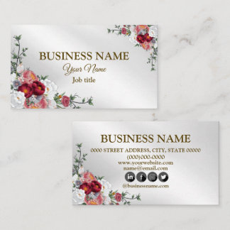 Elegant Floral Colourful Red Floral Silver Modern Business Card