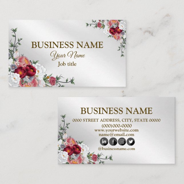 Elegant Floral Colourful Red Floral Silver Modern Business Card (Front/Back)