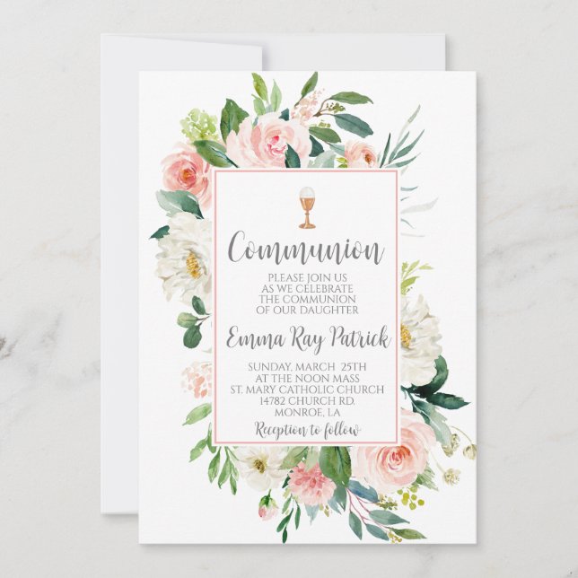 Elegant Floral Communion Invitation (Front)