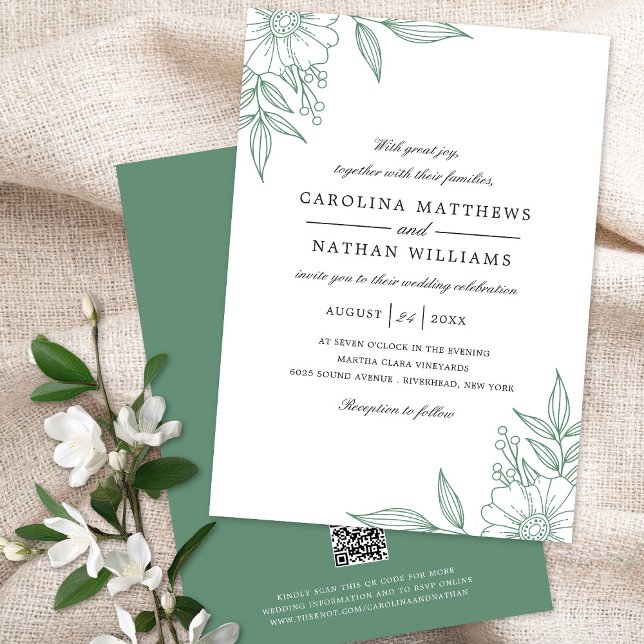 Elegant Floral Corners Wedding Mint Green QR Code Invitation (Creator Uploaded)