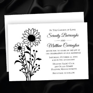 Elegant Floral Country Flowers Black White Wedding Invitation