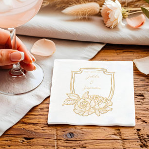 Elegant Floral Crest Couples Name & Wedding Date Foil Napkins