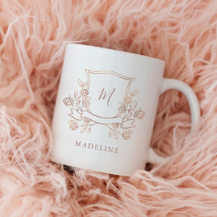 Elegant Floral Crest   Faux Rose Gold Monogram Coffee Mug