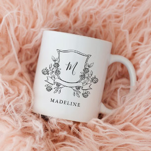 Elegant Floral Crest   Monogram and Name Coffee Mug