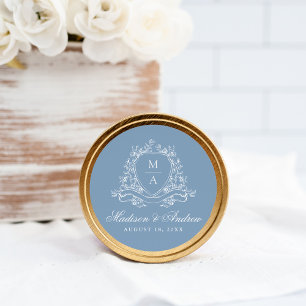 Elegant Floral Crest Monogram Blue Wedding Classic Round Sticker