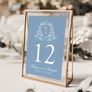 Elegant Floral Crest Monogram Blue Wedding Table Number