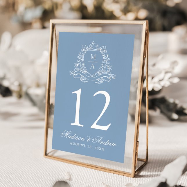 Elegant Floral Crest Monogram Blue Wedding Table Number (Creator Uploaded)
