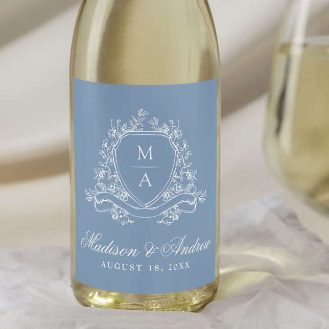 Elegant Floral Crest Monogram Blue Wedding Wine Label (Creator Uploaded)