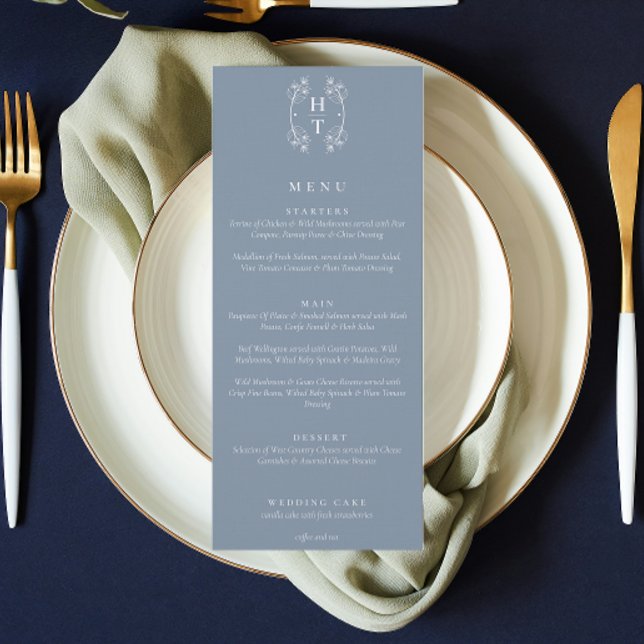 Elegant Floral Crest Monogram Dusty Blue Wedding  Menu (Elegant Floral Crest Monogram Dusty Blue Wedding Menu)