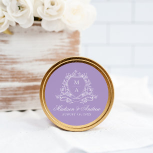 Elegant Floral Crest Monogram Lavender Wedding Classic Round Sticker