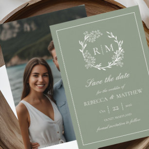 Elegant Floral Crest Monogram Photo Invitation