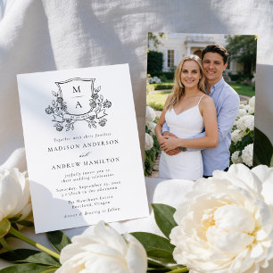 Elegant Floral Crest Monogram Photo Wedding Invitation