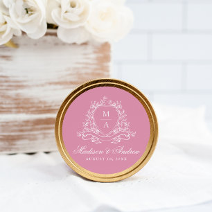 Elegant Floral Crest Monogram Pink Wedding Classic Round Sticker