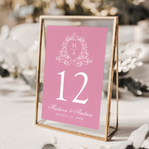 Elegant Floral Crest Monogram Rose Pink Wedding Table Number