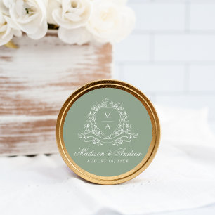 Elegant Floral Crest Monogram Sage Green Wedding Classic Round Sticker