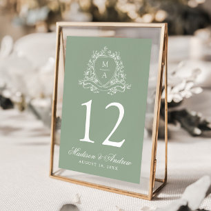 Elegant Floral Crest Monogram Sage Green Wedding Table Number