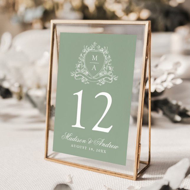 Elegant Floral Crest Monogram Sage Green Wedding Table Number (Creator Uploaded)
