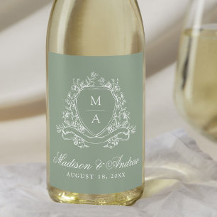 Elegant Floral Crest Monogram Sage Green Wedding Wine Label