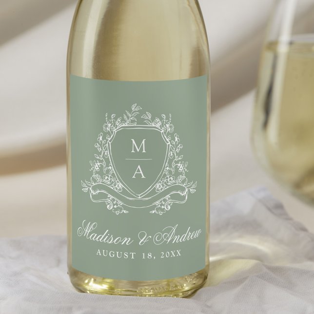 Elegant Floral Crest Monogram Sage Green Wedding Wine Label (Creator Uploaded)