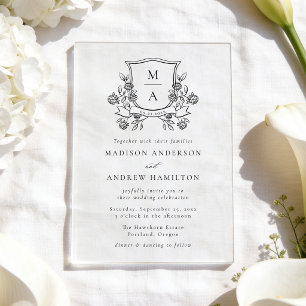 Elegant Floral Crest Monogram Wedding Acrylic Invitations