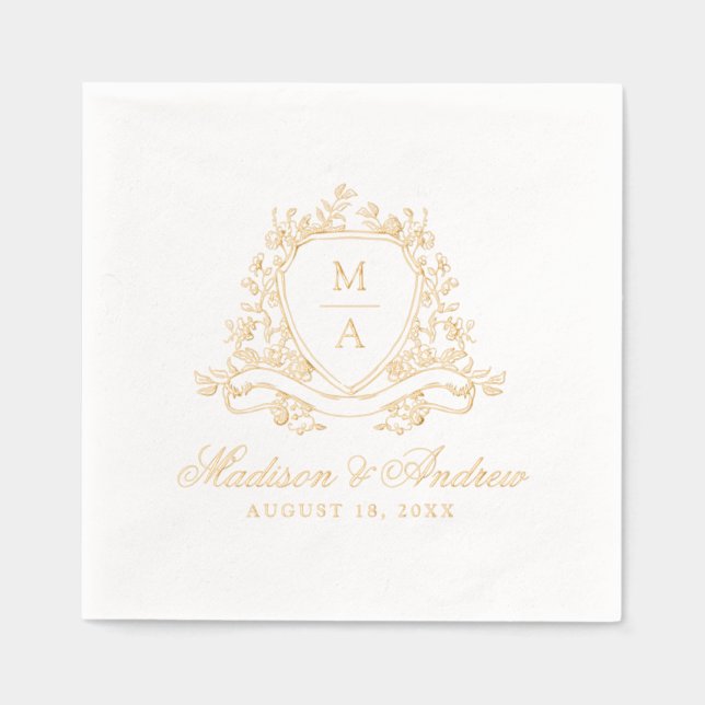 Elegant Floral Crest Monogram Wedding Foil Napkins (Front)