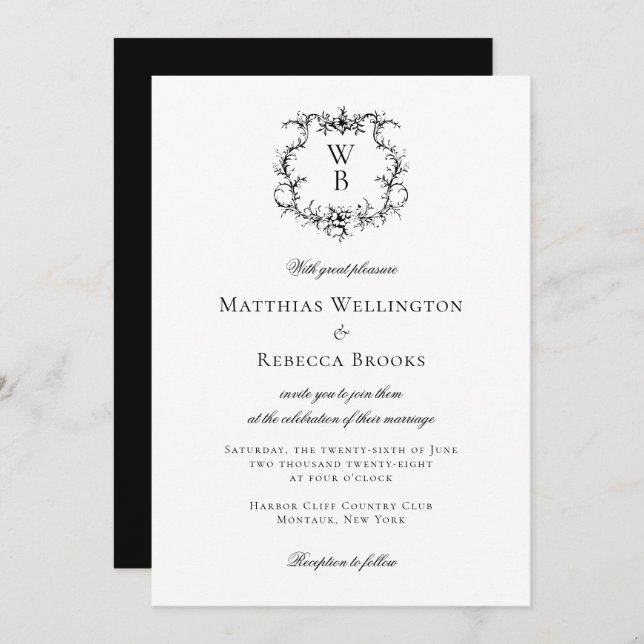 Elegant Floral Crest Monogram Wedding Invitation (Front/Back)