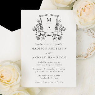 Elegant Floral Crest Monogram Wedding Invitation