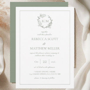 Elegant Floral Crest Monogram Wedding Invitation