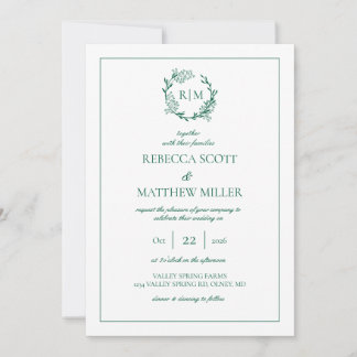 Elegant Floral Crest Monogram Wedding Invitation