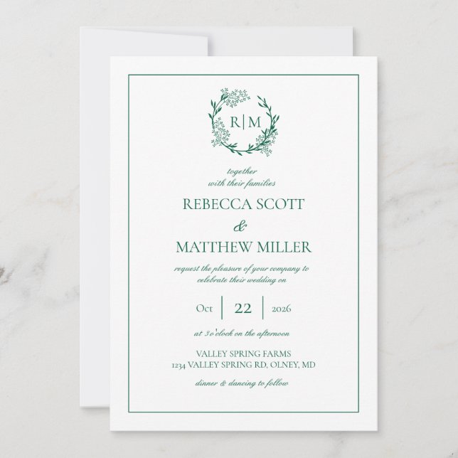 Elegant Floral Crest Monogram Wedding Invitation (Front)