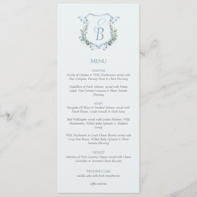 Elegant Floral Crest Monogram Wedding  Menu (Front)