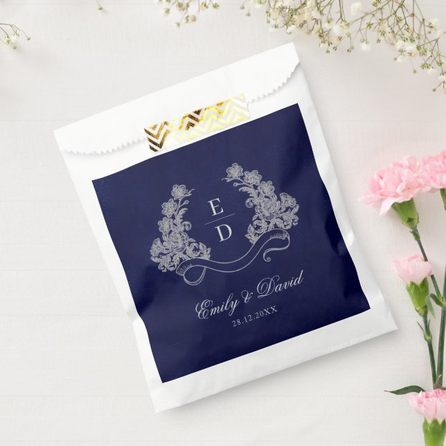 Elegant Floral Crest Navy Monogram Wedding Favour Bags (Sealed)