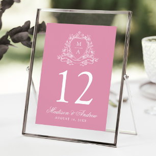 Elegant Floral Crest Pink Wedding Table Number