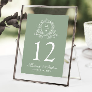 Elegant Floral Crest Sage Wedding Table Number