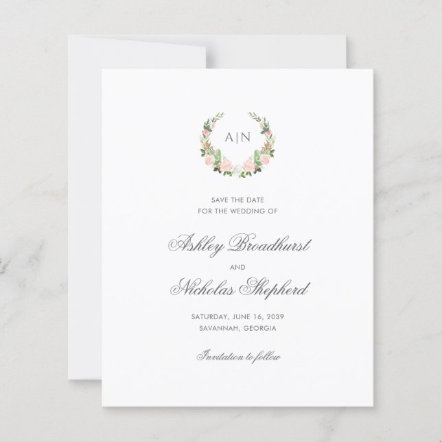 Elegant Floral Crest Wedding Save the Date (Front)