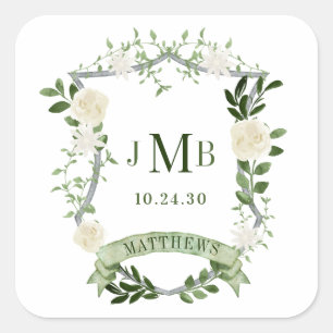 Elegant Floral Crest Wedding Square Sticker