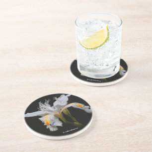 Elegant Floral Crested Iris Japonica on Black Coaster