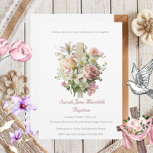 Elegant Floral Cross Baptism   Invitation (Elegant Floral Cross Baptism Invitation )