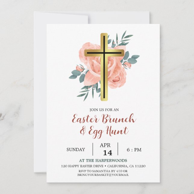Elegant floral Cross Christian Easter Brunch Invitation (Front)